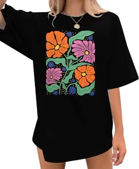 Womens Oversized Graphic Tshirt: Vintage Wildflower Shirt Boho Hiking T Shirt Nature Life Tee Summer Plant Tops