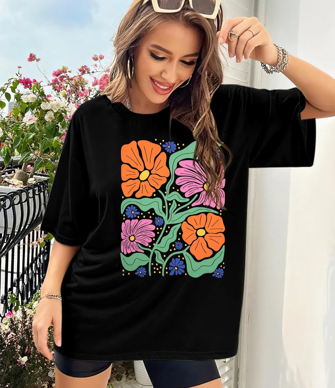 Womens Oversized Graphic Tshirt: Vintage Wildflower Shirt Boho Hiking T Shirt Nature Life Tee Summer Plant Tops