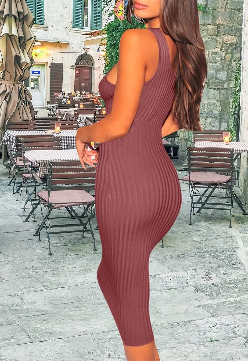 Women's Sexy Bodycon Tank Dresses Sleeveless Ribbed Knit Midi Club Dresses