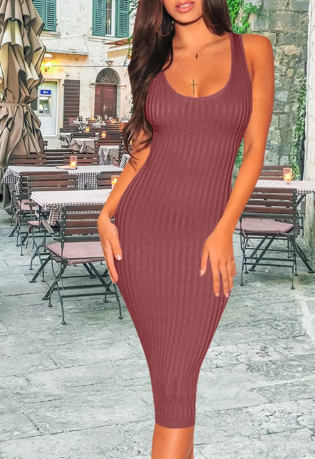 Women's Sexy Bodycon Tank Dresses Sleeveless Ribbed Knit Midi Club Dresses