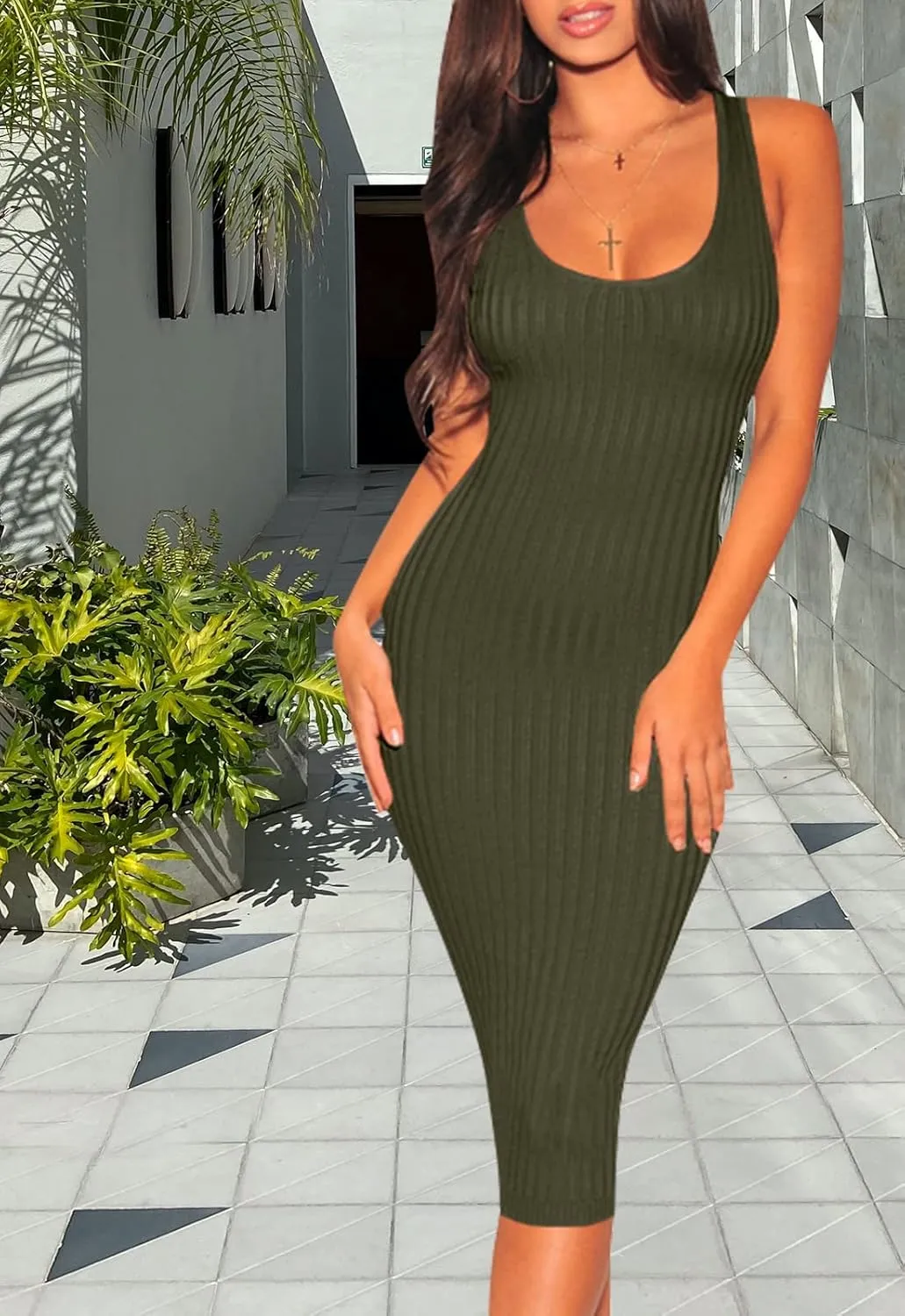 Women's Sexy Bodycon Tank Dresses Sleeveless Ribbed Knit Midi Club Dresses