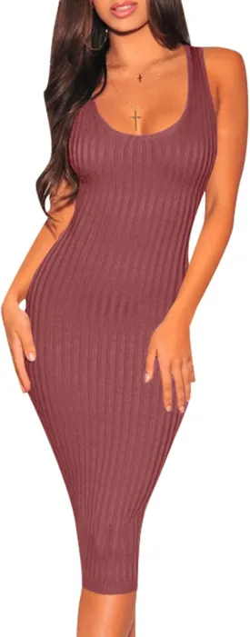 Women's Sexy Bodycon Tank Dresses Sleeveless Ribbed Knit Midi Club Dresses