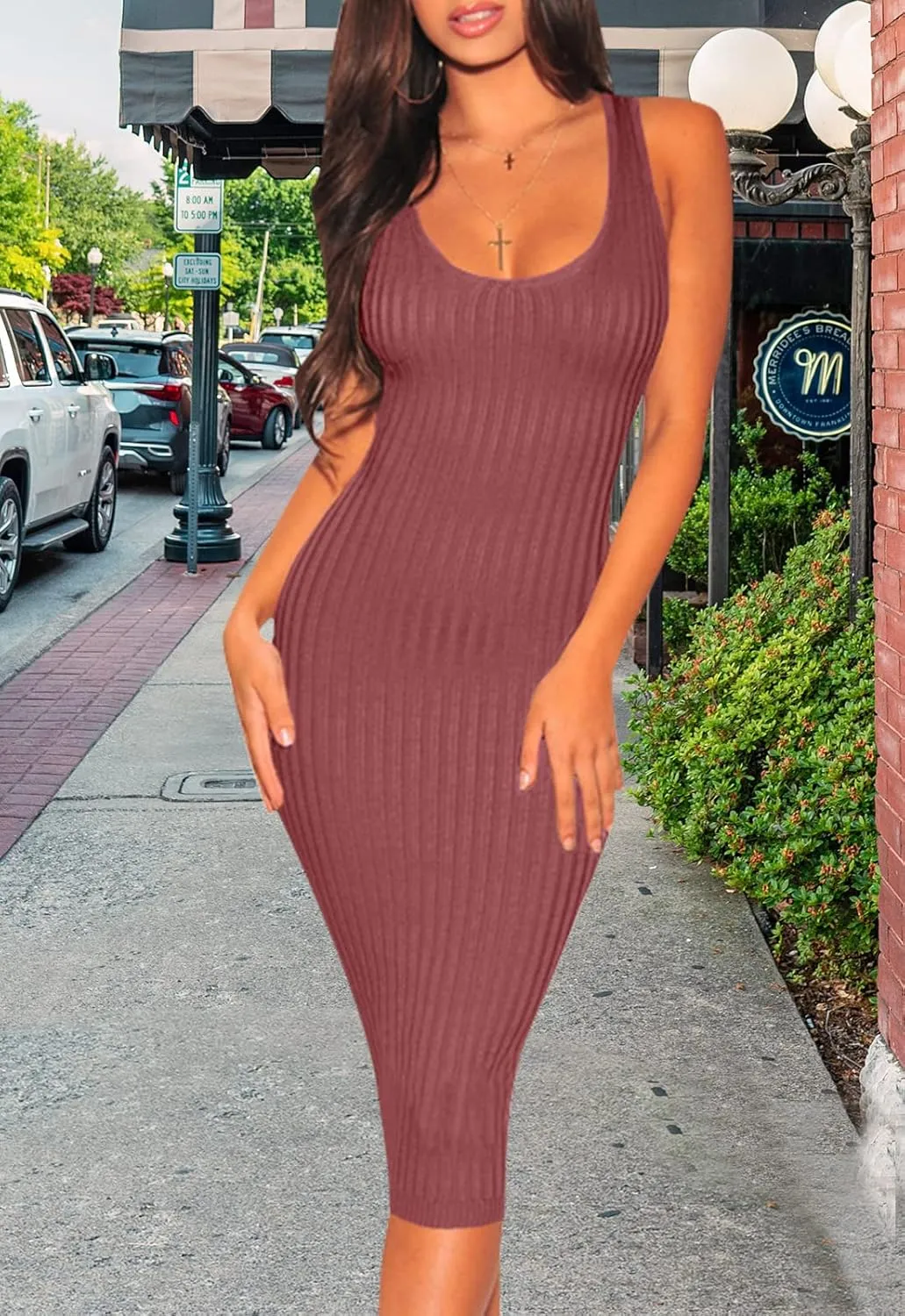 Women's Sexy Bodycon Tank Dresses Sleeveless Ribbed Knit Midi Club Dresses