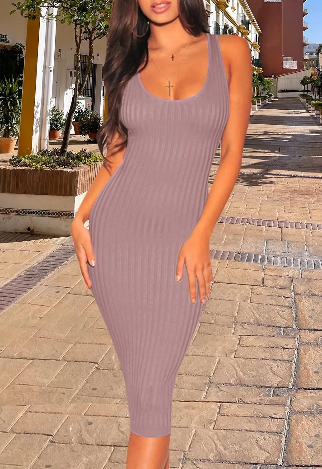 Women's Sexy Bodycon Tank Dresses Sleeveless Ribbed Knit Midi Club Dresses