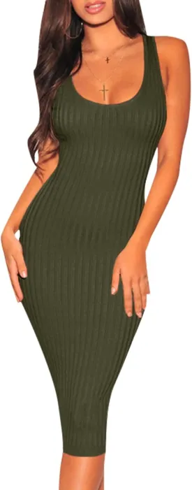 Women's Sexy Bodycon Tank Dresses Sleeveless Ribbed Knit Midi Club Dresses