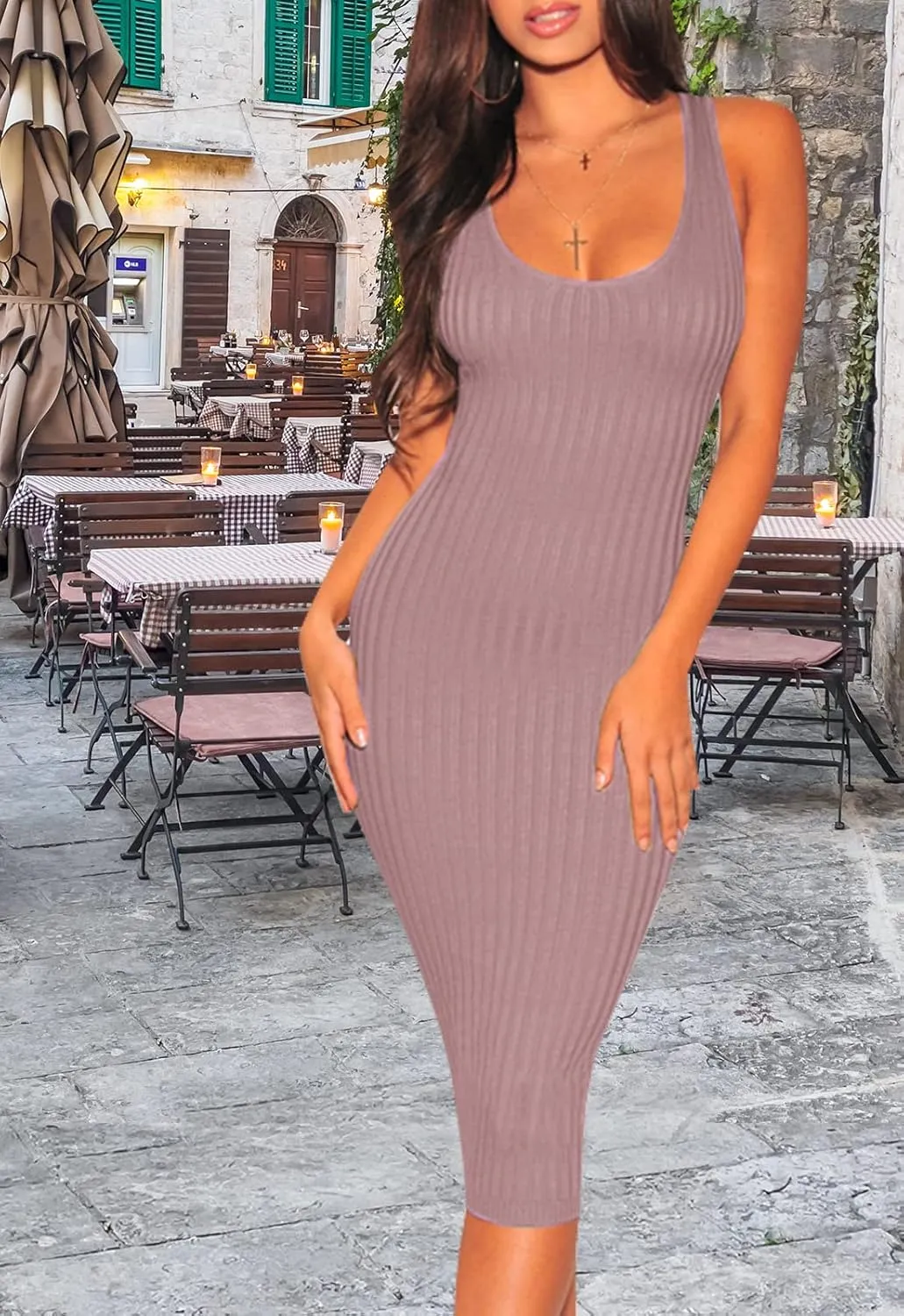 Women's Sexy Bodycon Tank Dresses Sleeveless Ribbed Knit Midi Club Dresses