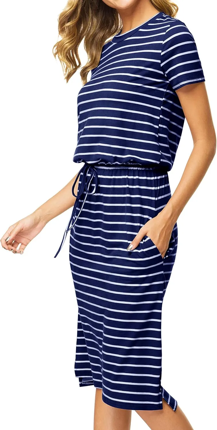Womens Summer Hide Belly Knee Length Travel Dress Pocket 2025 Spring Short Sleeve Midi Work Casual Teacher Outfits