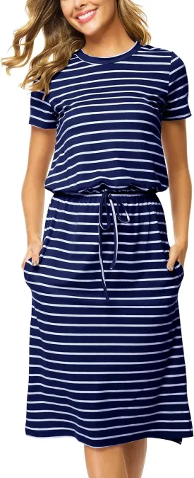 Womens Summer Hide Belly Knee Length Travel Dress Pocket 2025 Spring Short Sleeve Midi Work Casual Teacher Outfits