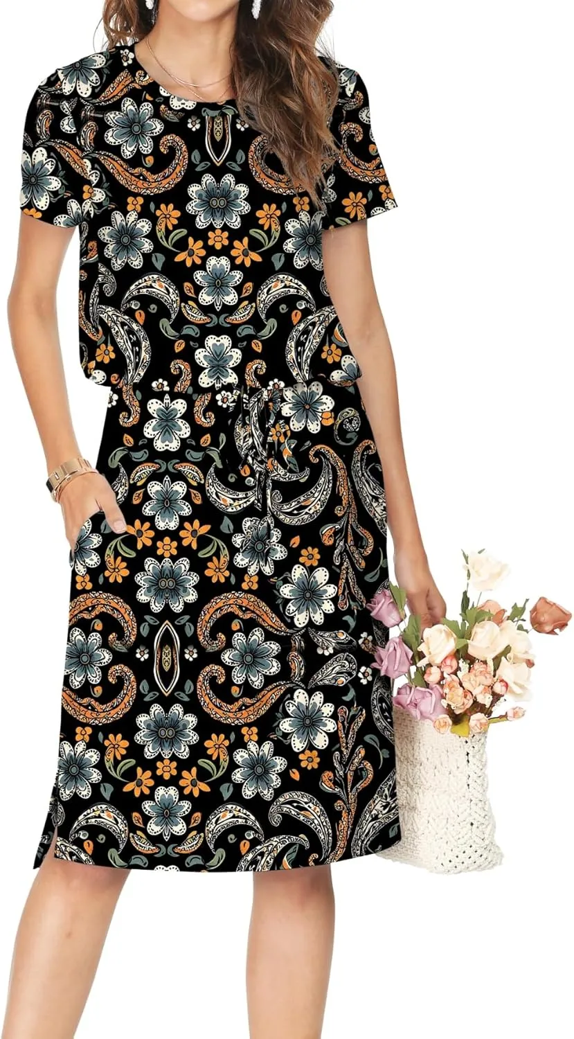 Womens Summer Hide Belly Knee Length Travel Dress Pocket 2025 Spring Short Sleeve Midi Work Casual Teacher Outfits