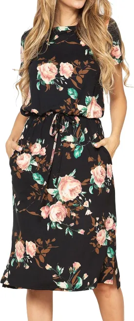 Womens Summer Hide Belly Knee Length Travel Dress Pocket 2025 Spring Short Sleeve Midi Work Casual Teacher Outfits