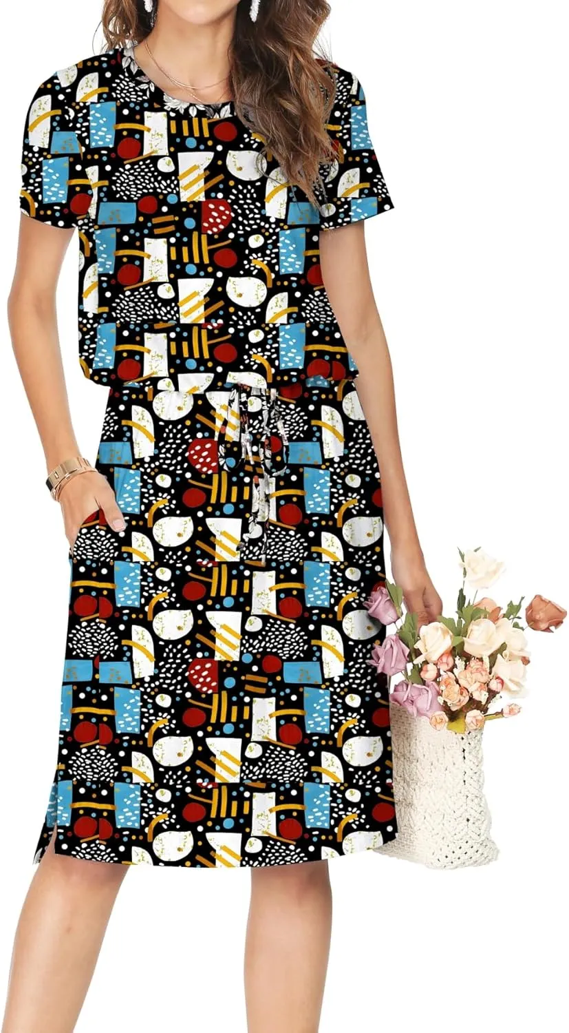 Womens Summer Hide Belly Knee Length Travel Dress Pocket 2025 Spring Short Sleeve Midi Work Casual Teacher Outfits