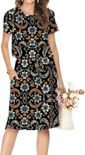 Womens Summer Hide Belly Knee Length Travel Dress Pocket 2025 Spring Short Sleeve Midi Work Casual Teacher Outfits