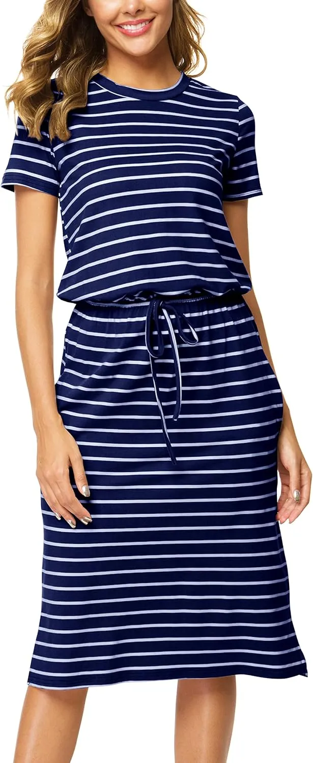 Womens Summer Hide Belly Knee Length Travel Dress Pocket 2025 Spring Short Sleeve Midi Work Casual Teacher Outfits