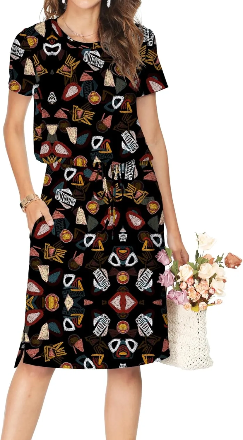 Womens Summer Hide Belly Knee Length Travel Dress Pocket 2025 Spring Short Sleeve Midi Work Casual Teacher Outfits