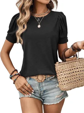 Womens Summer Tops 2025 Puff Short Sleeves Shirts Dressy Casual Tee Ladies Blouses Stylish T-Shirts Cute Spring Tshirts