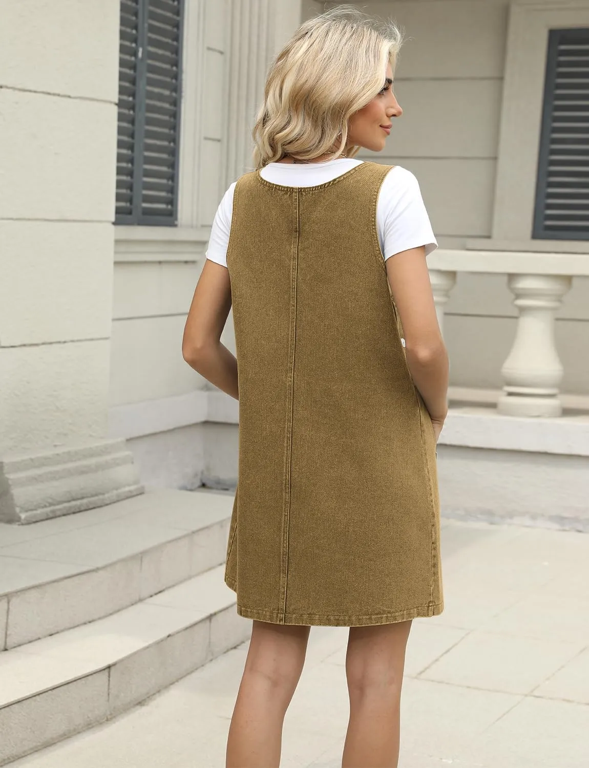 Xaspee Denim Overall Dress for Women Casual Mini Sleeveless Jean Vintage Jumper Skirt Dress with Pockets
