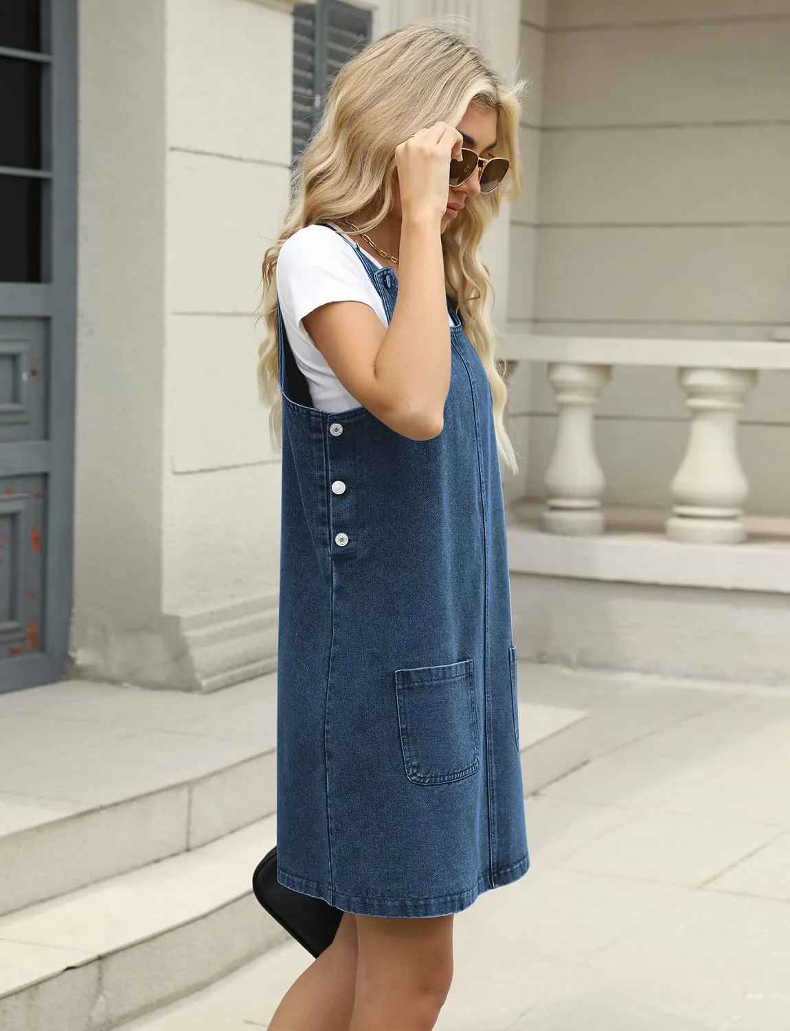 Xaspee Denim Overall Dress for Women Casual Mini Sleeveless Jean Vintage Jumper Skirt Dress with Pockets