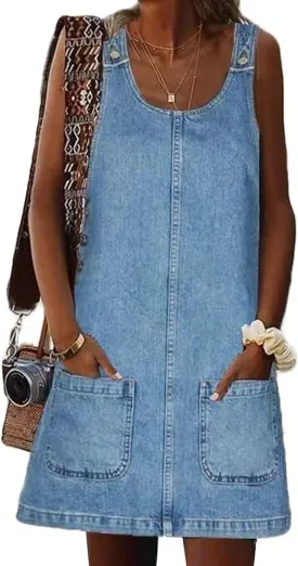 Xaspee Denim Overall Dress for Women Casual Mini Sleeveless Jean Vintage Jumper Skirt Dress with Pockets