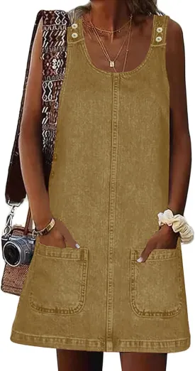Xaspee Denim Overall Dress for Women Casual Mini Sleeveless Jean Vintage Jumper Skirt Dress with Pockets