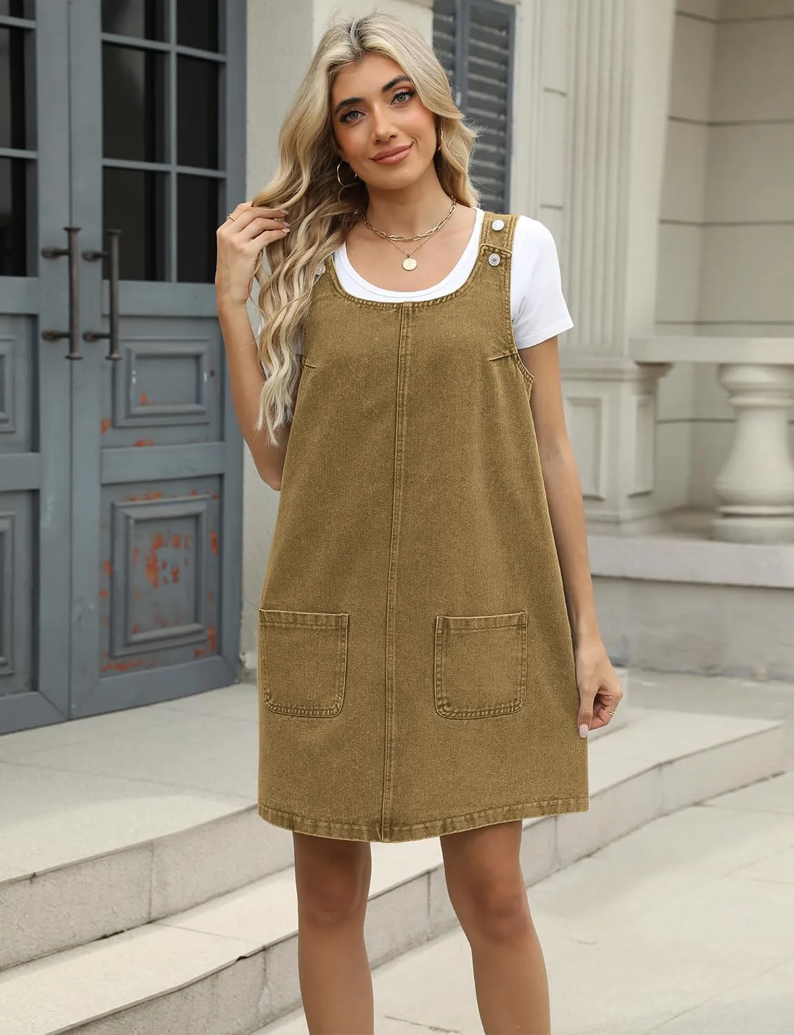 Xaspee Denim Overall Dress for Women Casual Mini Sleeveless Jean Vintage Jumper Skirt Dress with Pockets