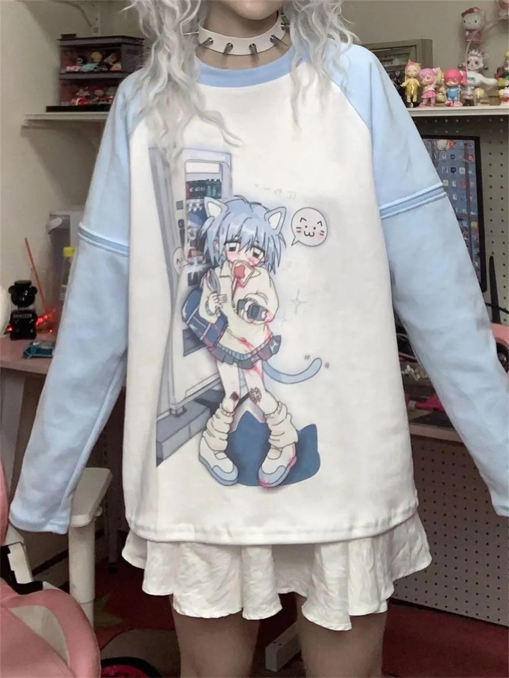 Y2k Aesthetic Detachable Sleeve T-Shirt Women Kawaii Cat Girl Anime Print Cute Sweatshirts Fairycore Streetwear