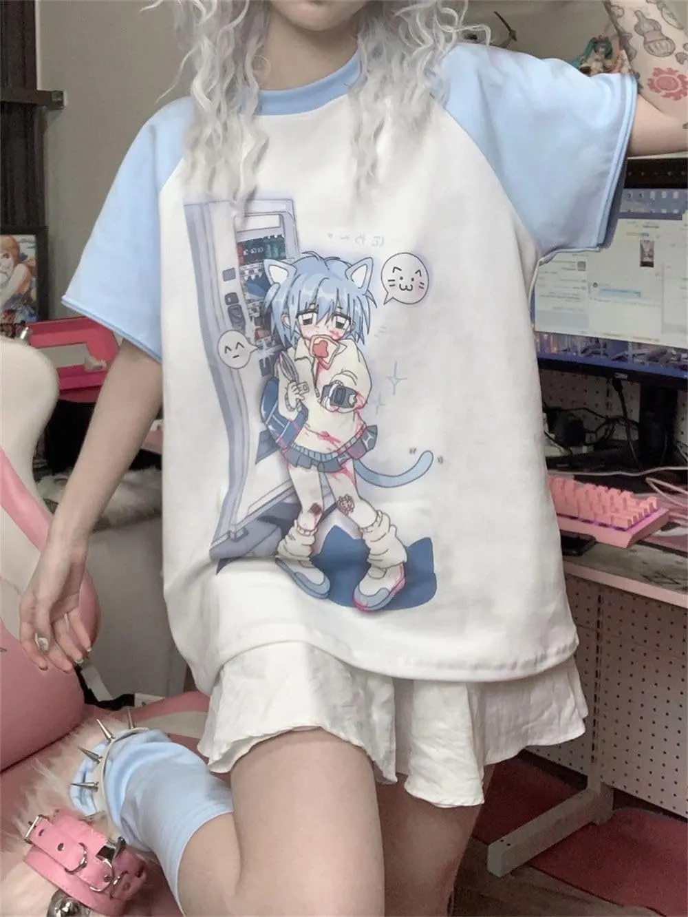 Y2k Aesthetic Detachable Sleeve T-Shirt Women Kawaii Cat Girl Anime Print Cute Sweatshirts Fairycore Streetwear