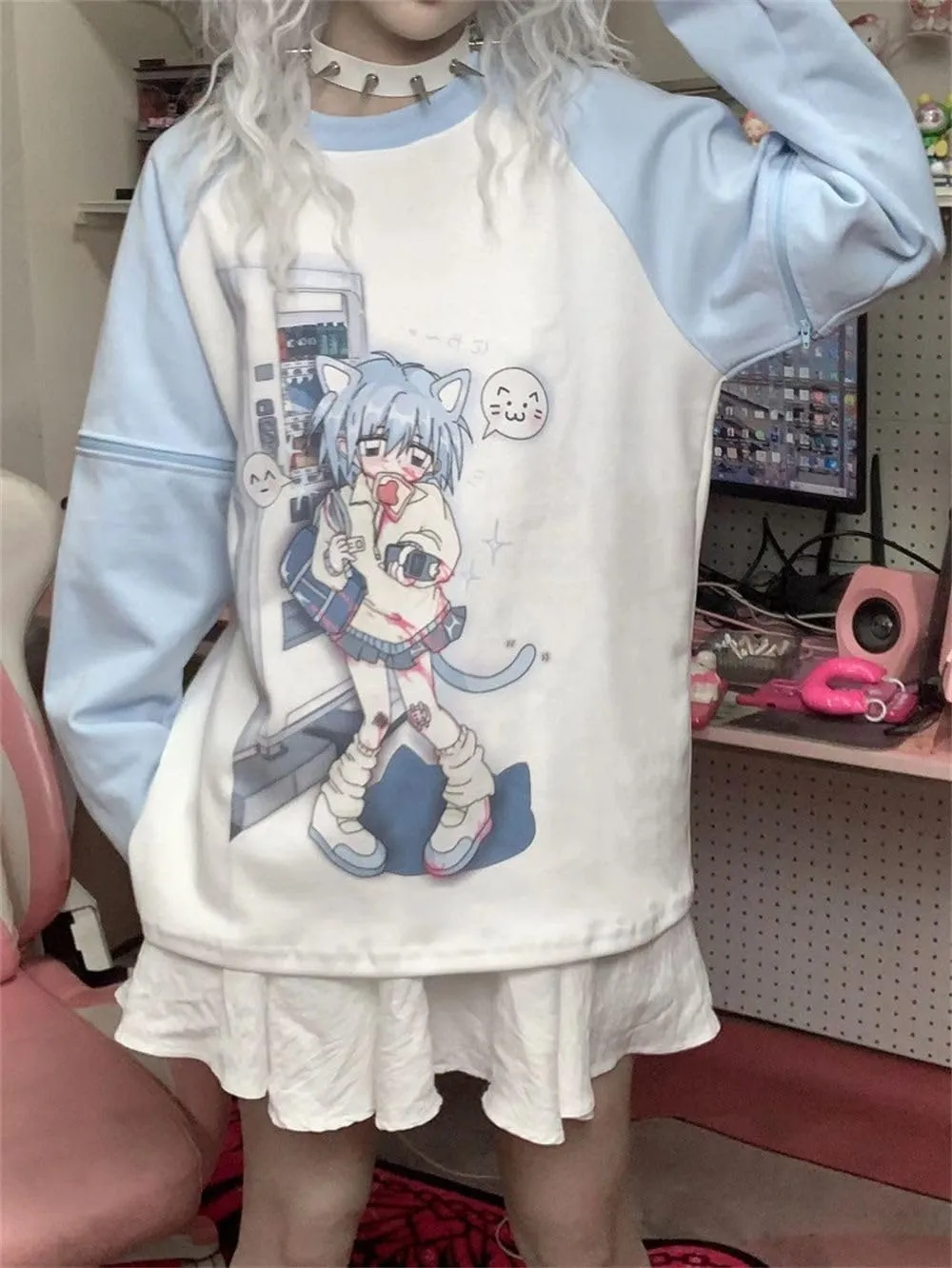 Y2k Aesthetic Detachable Sleeve T-Shirt Women Kawaii Cat Girl Anime Print Cute Sweatshirts Fairycore Streetwear