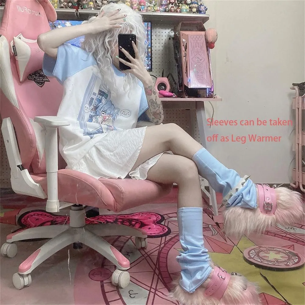 Y2k Aesthetic Detachable Sleeve T-Shirt Women Kawaii Cat Girl Anime Print Cute Sweatshirts Fairycore Streetwear