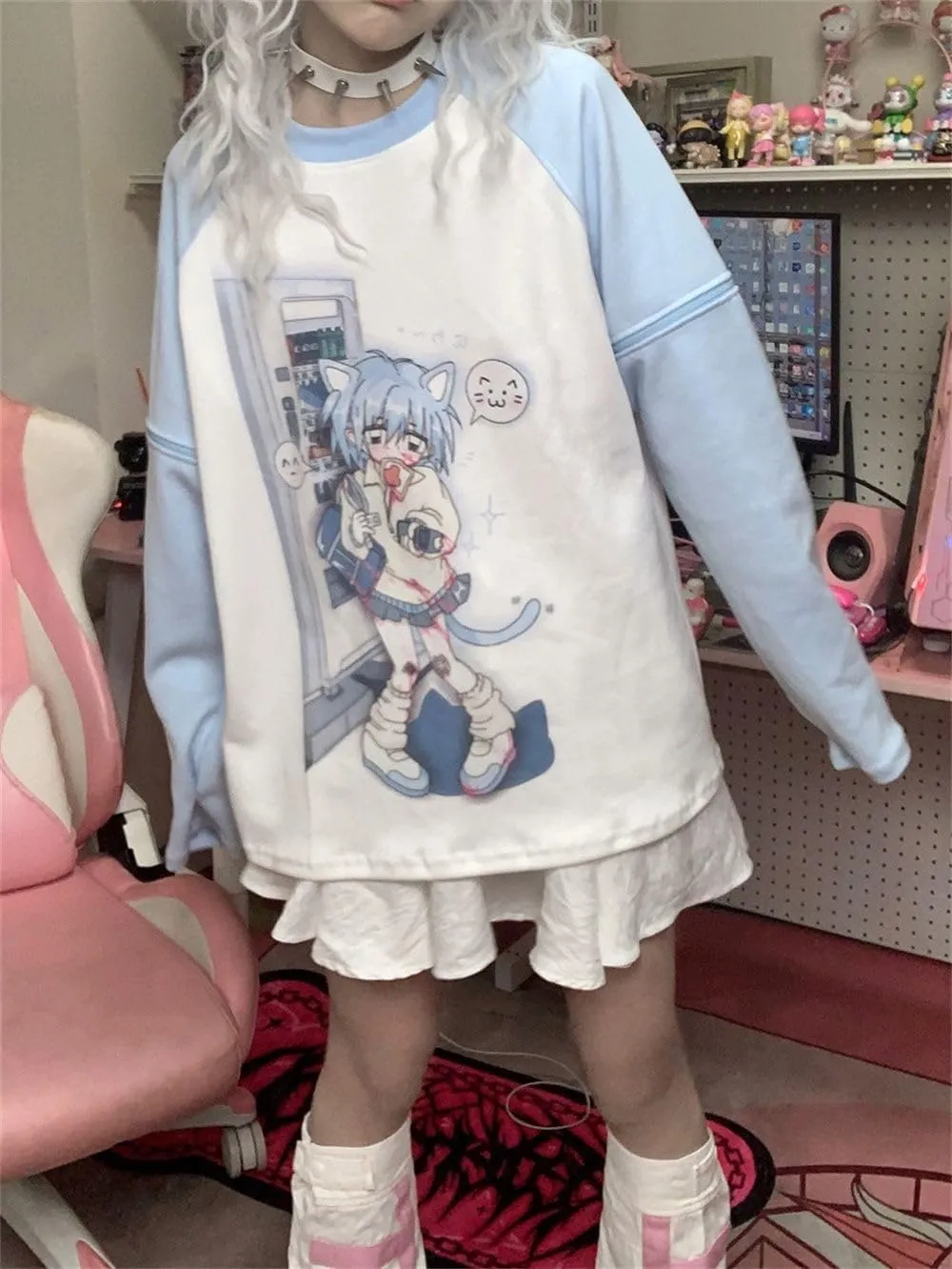 Y2k Aesthetic Detachable Sleeve T-Shirt Women Kawaii Cat Girl Anime Print Cute Sweatshirts Fairycore Streetwear