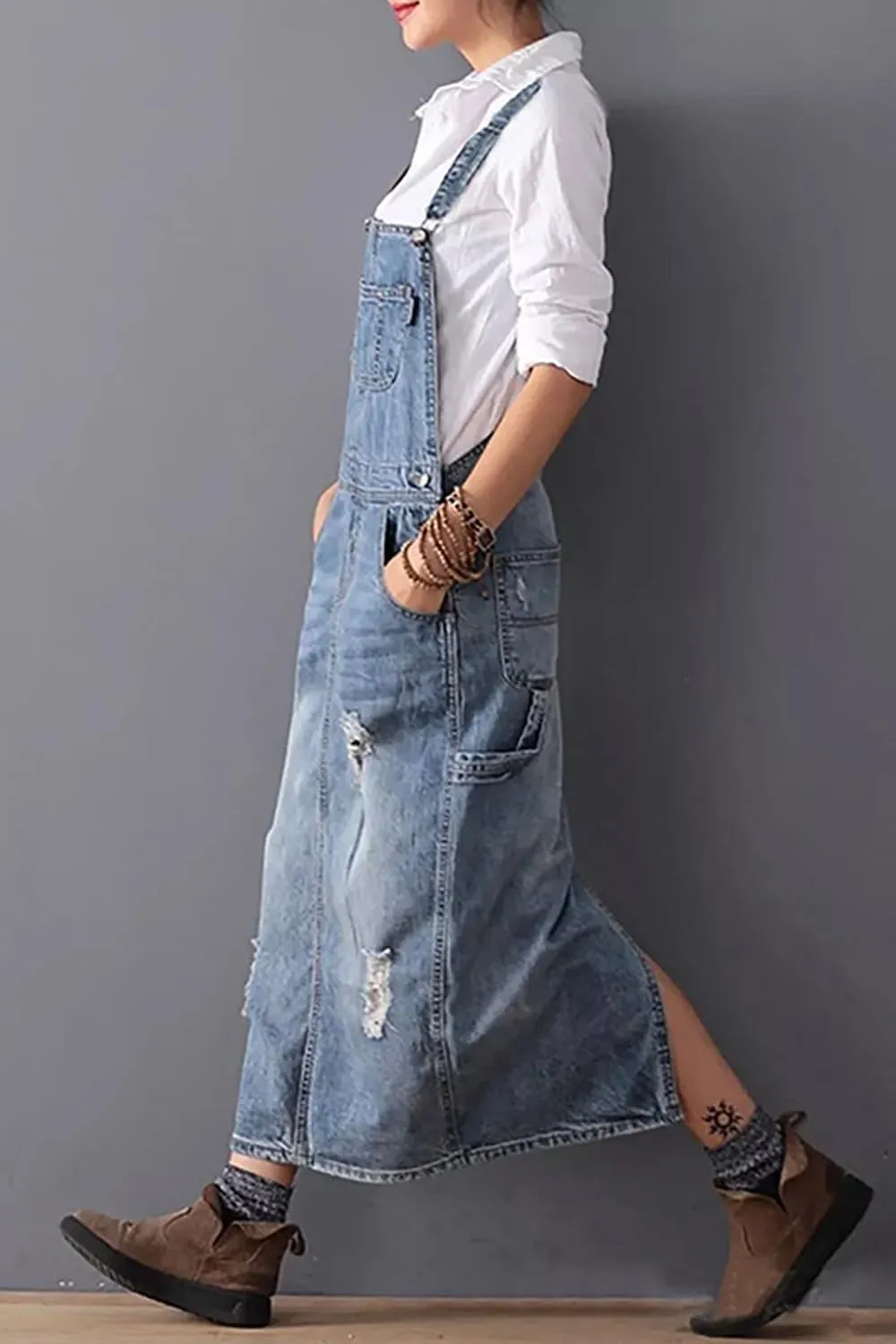 Yoeasy Women's Distressed Denim Overall Dress - Adjustable Strap Pinafore A-Line Mid Long Jean Bib