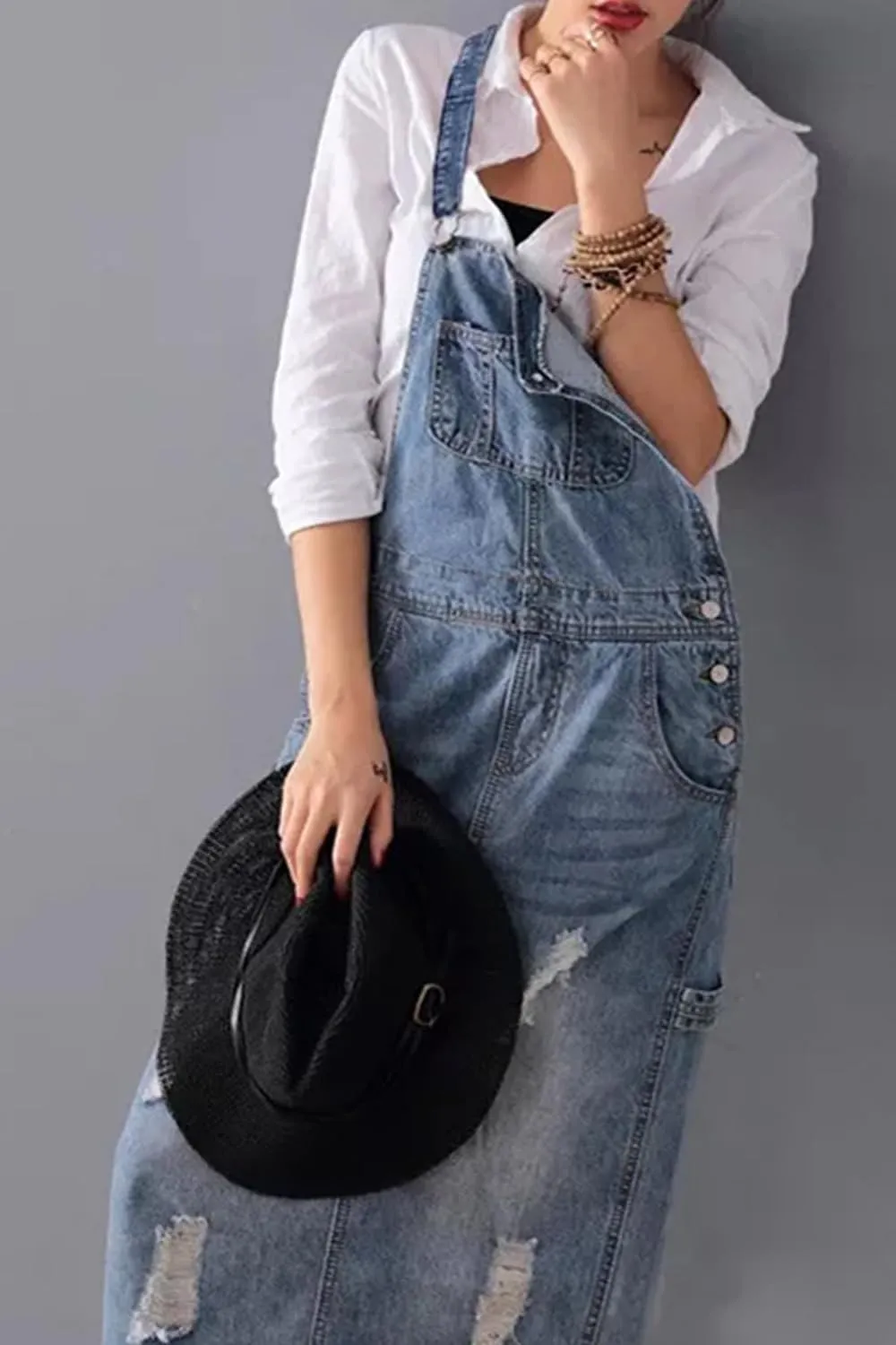 Yoeasy Women's Distressed Denim Overall Dress - Adjustable Strap Pinafore A-Line Mid Long Jean Bib