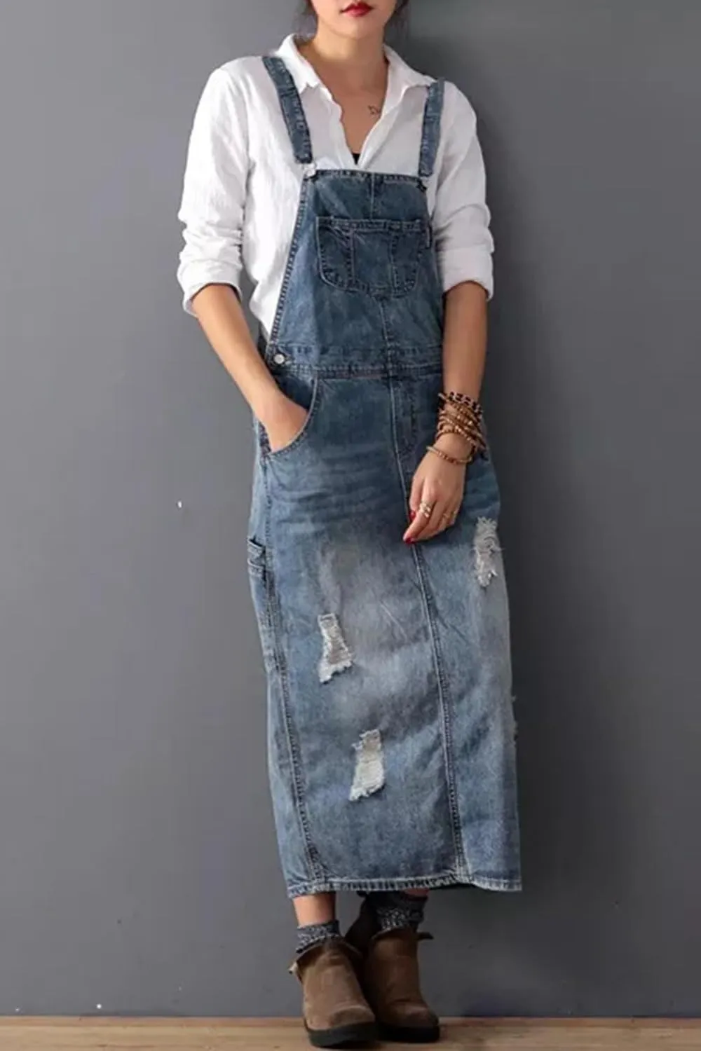 Yoeasy Women's Distressed Denim Overall Dress - Adjustable Strap Pinafore A-Line Mid Long Jean Bib