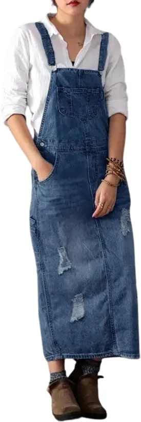 Yoeasy Women's Distressed Denim Overall Dress - Adjustable Strap Pinafore A-Line Mid Long Jean Bib