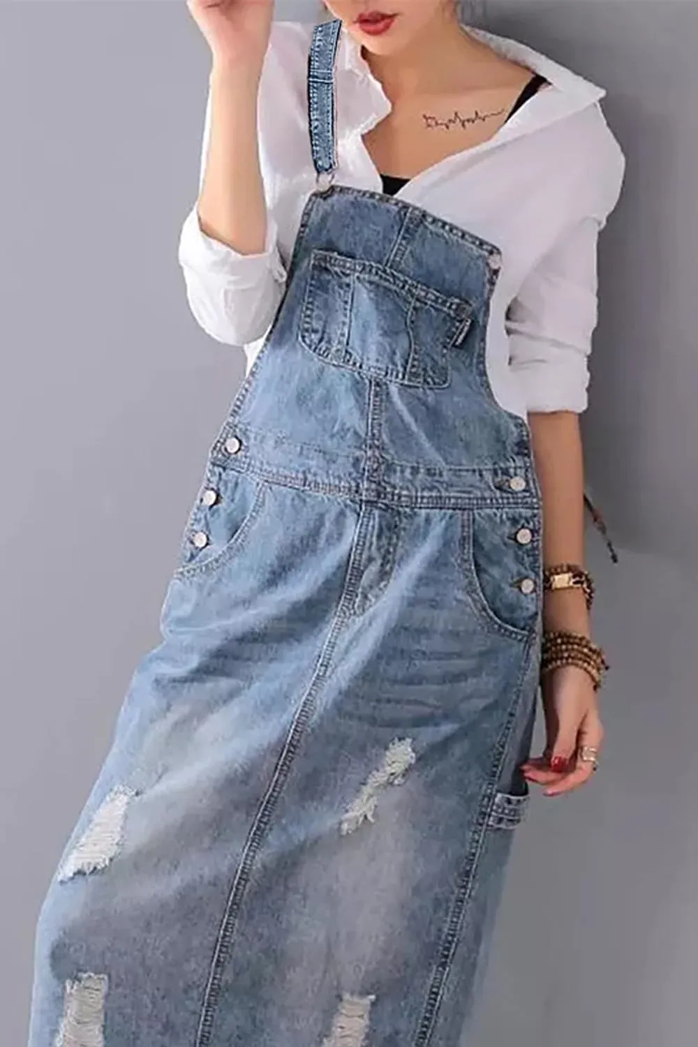 Yoeasy Women's Distressed Denim Overall Dress - Adjustable Strap Pinafore A-Line Mid Long Jean Bib