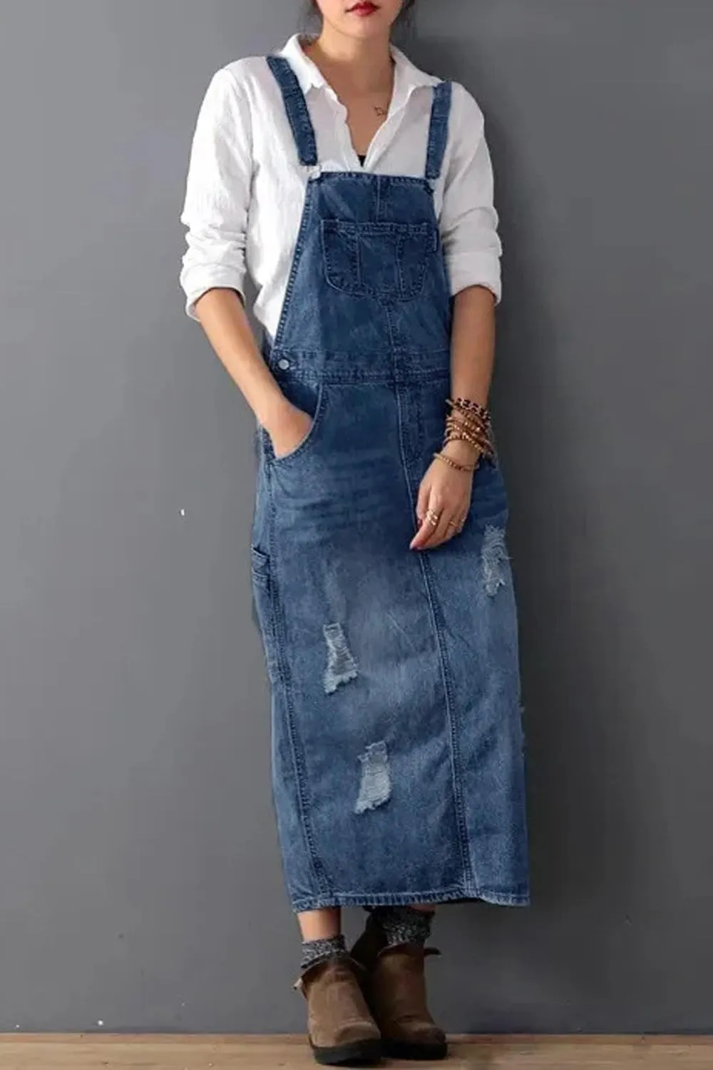 Yoeasy Women's Distressed Denim Overall Dress - Adjustable Strap Pinafore A-Line Mid Long Jean Bib