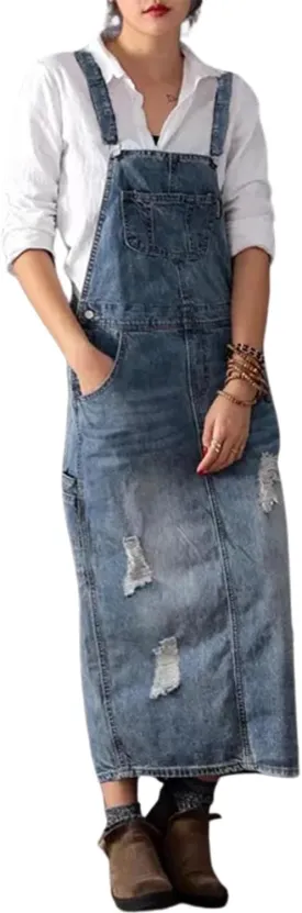 Yoeasy Women's Distressed Denim Overall Dress - Adjustable Strap Pinafore A-Line Mid Long Jean Bib