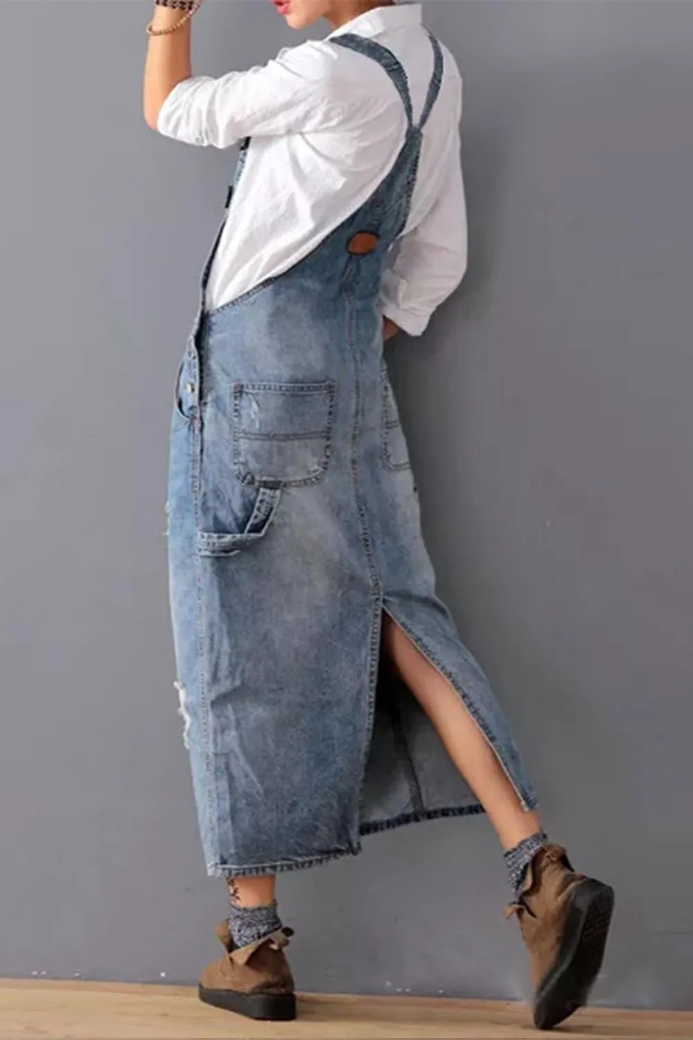 Yoeasy Women's Distressed Denim Overall Dress - Adjustable Strap Pinafore A-Line Mid Long Jean Bib
