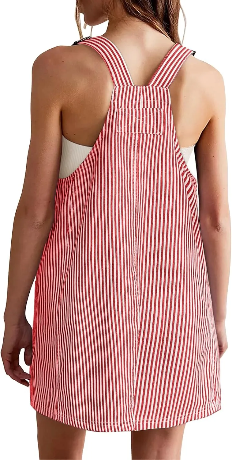 Yousify Womens Casual Denim Dress Summer Striped Overalls Romper Adjustable Straps Sleeveless Jean Dresses with Pockets