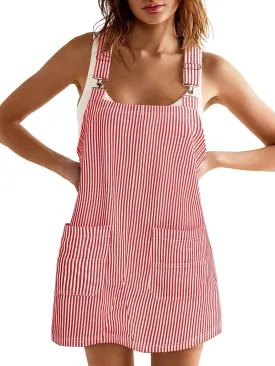 Yousify Womens Casual Denim Dress Summer Striped Overalls Romper Adjustable Straps Sleeveless Jean Dresses with Pockets