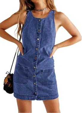 Yousify Womens Casual Sleeveless Denim Overalls Dresses Button Down Summer Jean Mini Dress 2025 Trendy Romper With Pockets