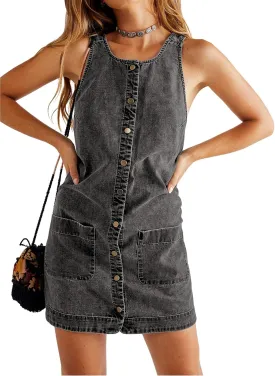 Yousify Womens Casual Sleeveless Denim Overalls Dresses Button Down Summer Jean Mini Dress 2025 Trendy Romper With Pockets