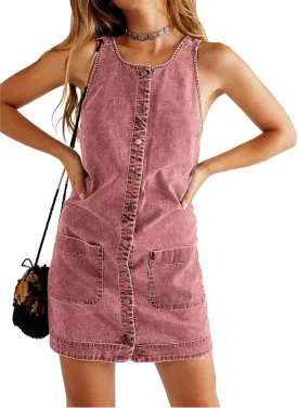 Yousify Womens Casual Sleeveless Denim Overalls Dresses Button Down Summer Jean Mini Dress 2025 Trendy Romper With Pockets