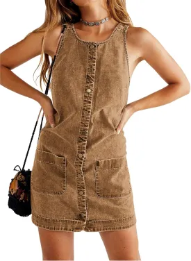 Yousify Womens Casual Sleeveless Denim Overalls Dresses Button Down Summer Jean Mini Dress 2025 Trendy Romper With Pockets
