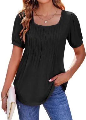 Zeagoo Womens Summer Tops Casual Puff Short Sleeve T Shirts Floral/Solid Pleated Tunics Square Neck Work Blouse