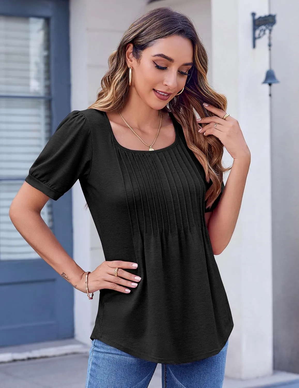 Zeagoo Womens Summer Tops Casual Puff Short Sleeve T Shirts Floral/Solid Pleated Tunics Square Neck Work Blouse