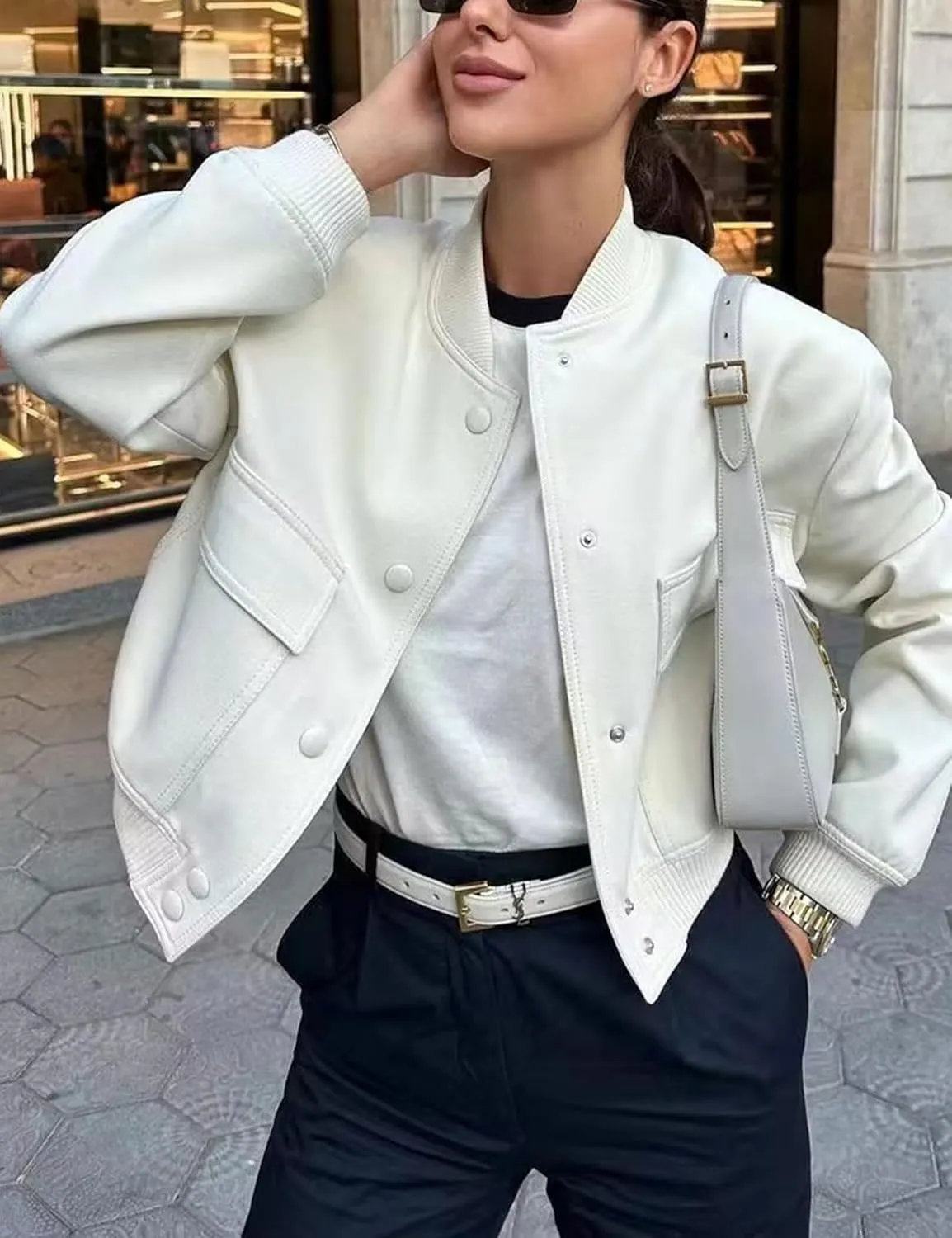 Zontroldy Women's Cropped Casual Long Sleeve Varsity Jacket Bomber Jackets Y2k Streetwear Shacket with Pockets