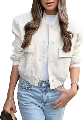 Zontroldy Women's Cropped Casual Long Sleeve Varsity Jacket Bomber Jackets Y2k Streetwear Shacket with Pockets