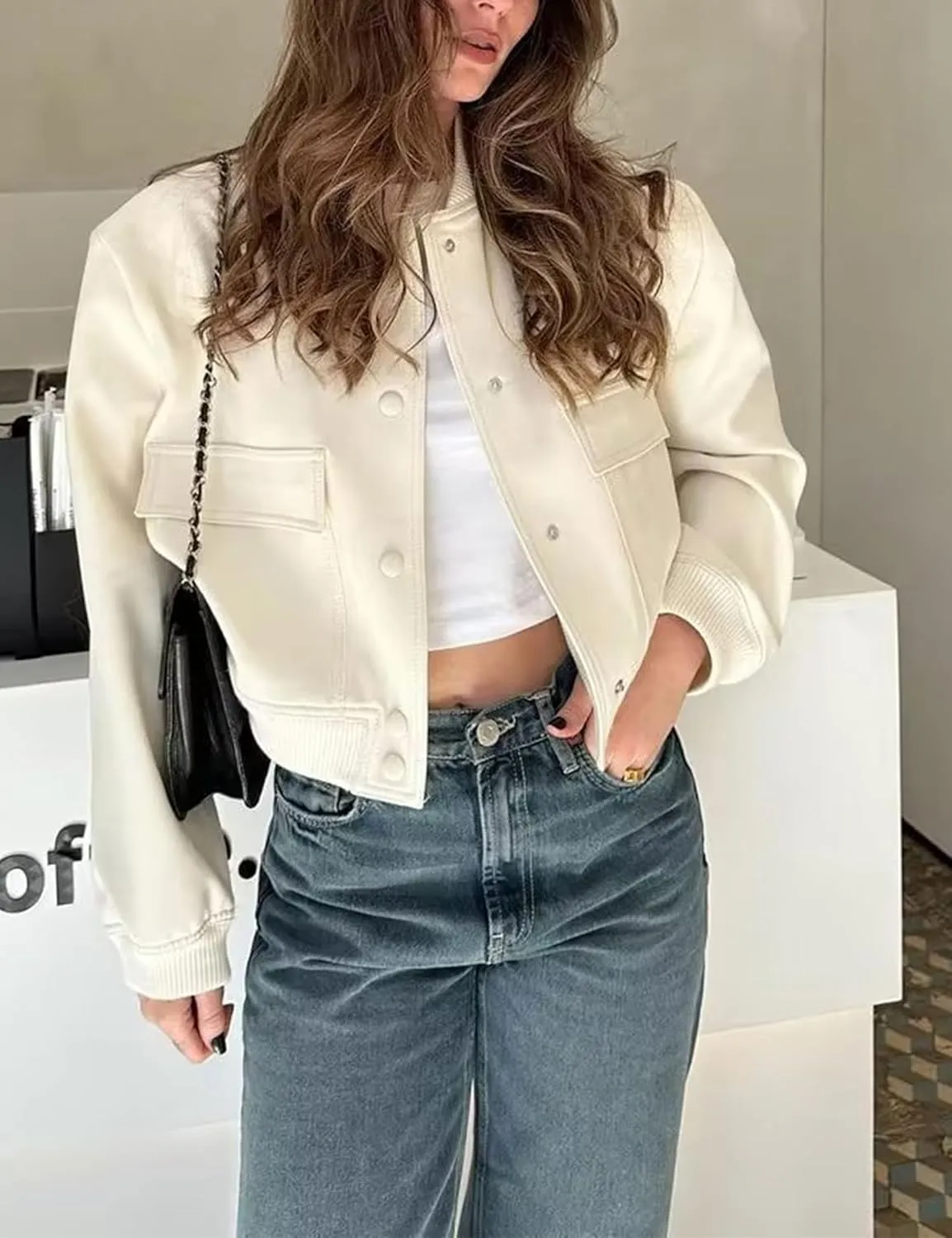 Zontroldy Women's Cropped Casual Long Sleeve Varsity Jacket Bomber Jackets Y2k Streetwear Shacket with Pockets