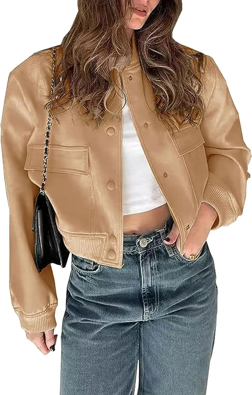 Zontroldy Women's Cropped Casual Long Sleeve Varsity Jacket Bomber Jackets Y2k Streetwear Shacket with Pockets