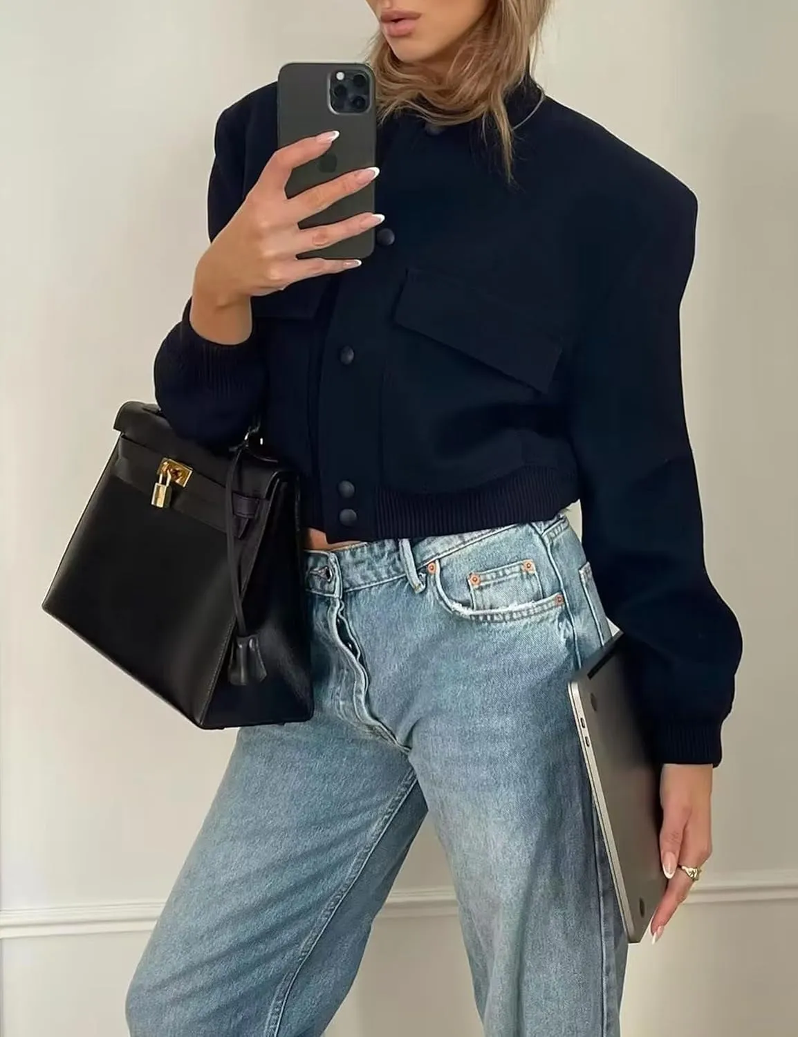 Zontroldy Women's Cropped Casual Long Sleeve Varsity Jacket Bomber Jackets Y2k Streetwear Shacket with Pockets
